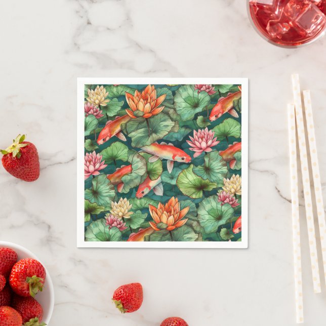 Watercolor Koi and Water Lilies Paper Napkin (Insitu)