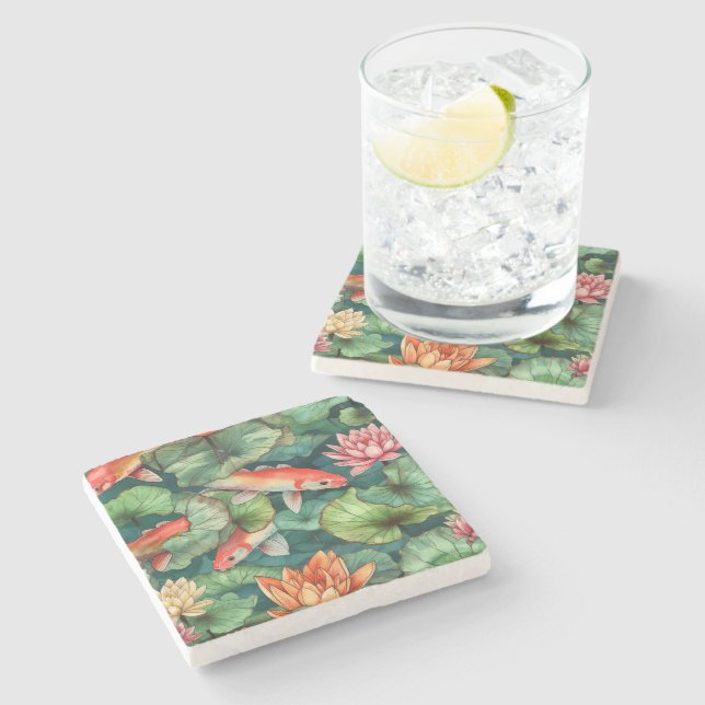 Watercolor Koi and Water Lilies Stone Coaster (Side)
