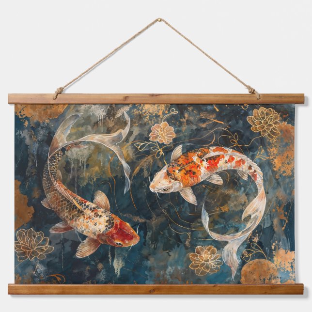 Watercolor Koi Fish Illustration Hanging Tapestry (Front)