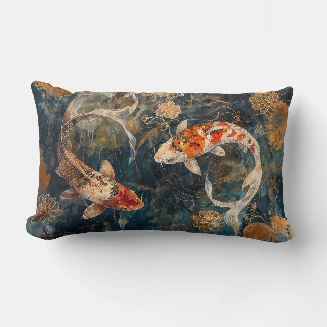 Watercolor Koi Fish Illustration Lumbar Cushion (Front)