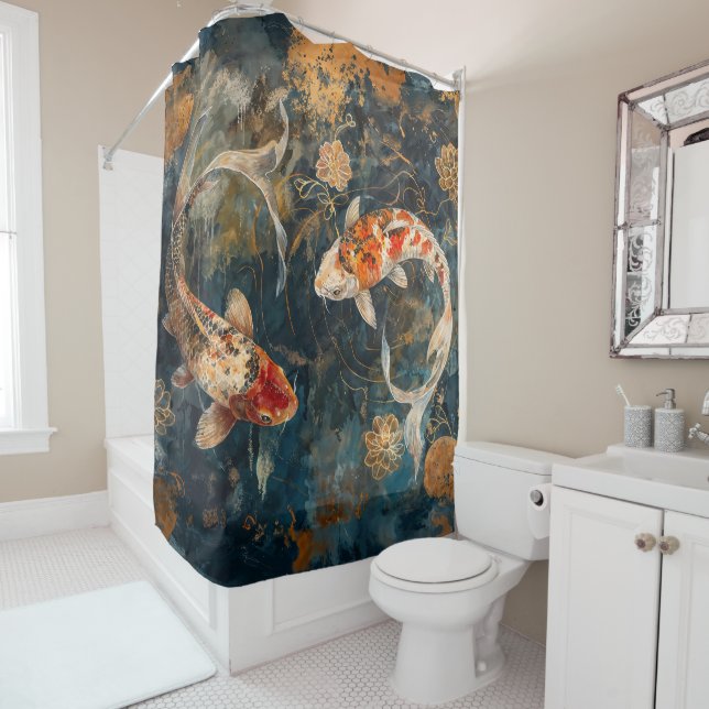 Watercolor Koi Fish Illustration Shower Curtain (In Situ)