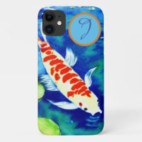 Watercolor Koi Fish In The Pond with Initial