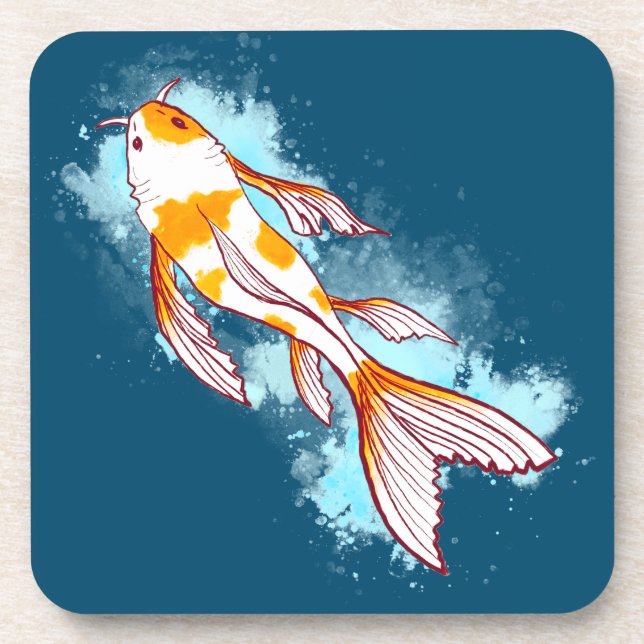 Watercolor Koi Fish on Blue Illustration  Coaster (Front)