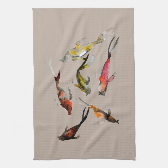 Watercolor koi fish red brown gold tea towel (Vertical)