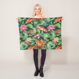 Watercolor Koi & Water Lilies Fleece Blanket