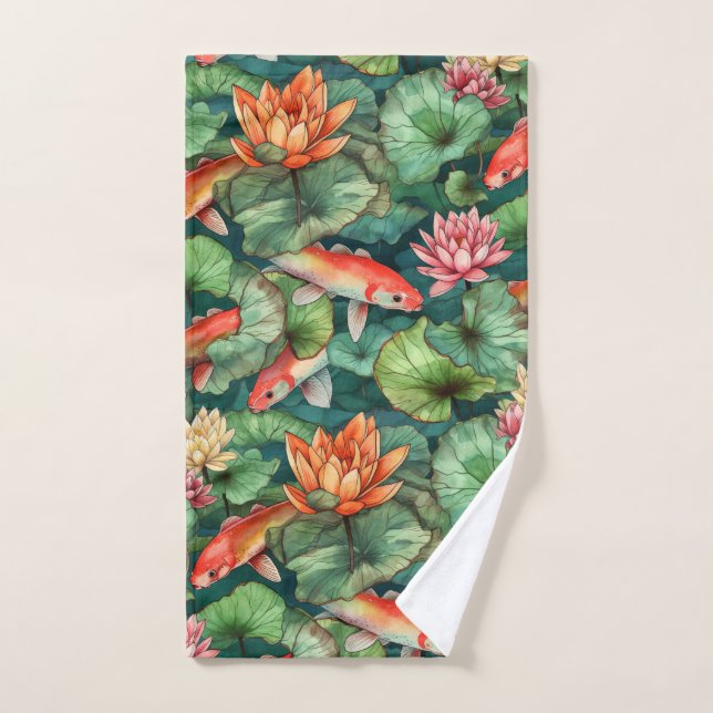 Watercolor Koi & Water Lilies Hand Towel (Hand Towel)
