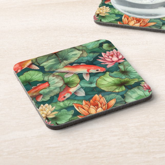 Watercolor Koi & Water Lilies Hard plastic coaster (Left Side)