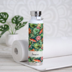 Watercolor Koi & Water Lilies Name Water Bottle