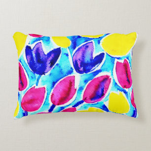 Watercolor kraft tulips in colourful pattern Yello Decorative Cushion