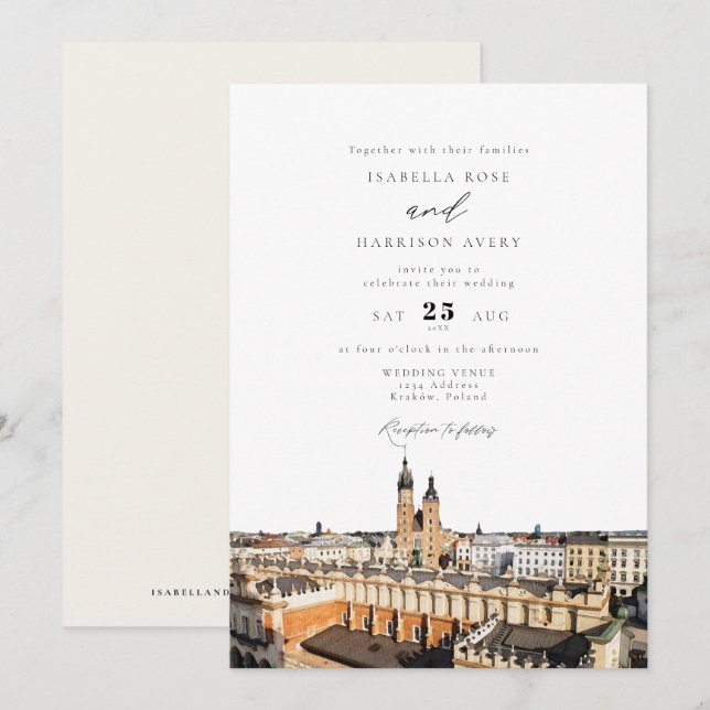 Watercolor Kraków Skyline Buildings Wedding Invitation (Front/Back)