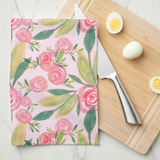 Watercolor La Rosa Whimsy Gold Kitchen Towel (Quarter Fold)