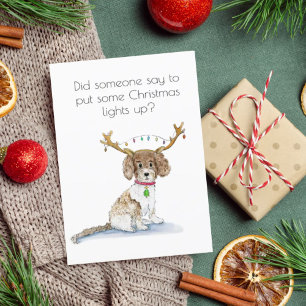 Watercolor Labradoodle Christmas Lights Antlers Holiday Card