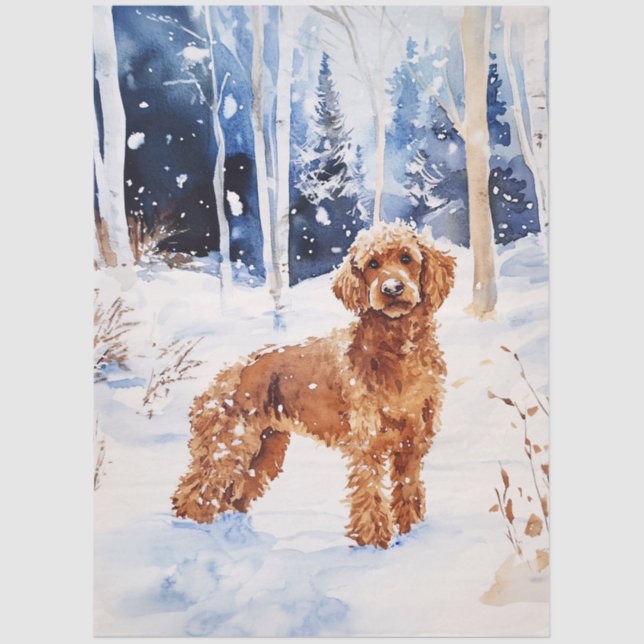 Watercolor Labradoodle Dog in Winter Forest Tissue Paper (Front)