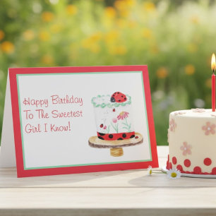 Watercolor Lady Bug Cake Happy Birthday Card