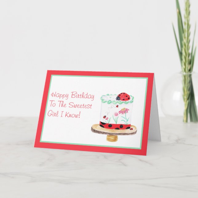 Watercolor Lady Bug Cake  Happy Birthday Card (Front)