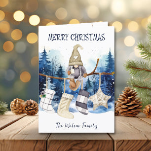 Watercolor Lady Gnome Blue Forest Merry Christmas Holiday Card