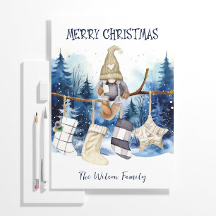 Watercolor Lady Gnome Blue Forest Merry Christmas Holiday Card