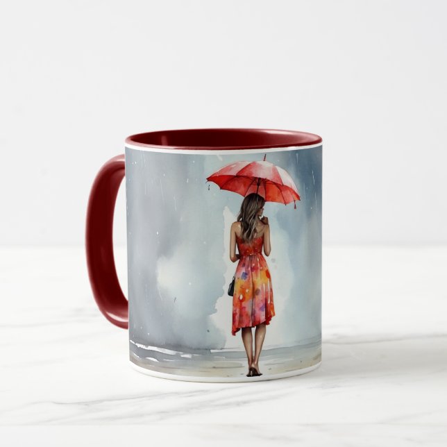 Watercolor Lady in The Rain Umbrella Red Dress Mug (Front Left)