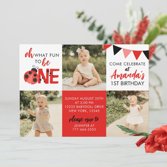 Watercolor Ladybug 3 Photo Birthday Invitation (Oh What Fun to Be One Watercolor Ladybug 3 Photo Birthday Invitations)
