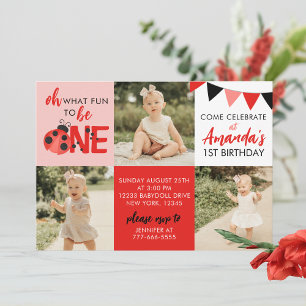 Watercolor Ladybug 3 Photo Birthday Invitation