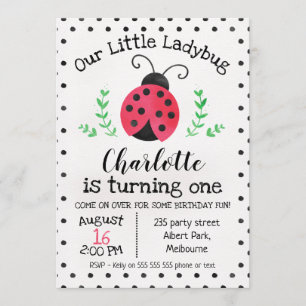 Watercolor Ladybug Birthday Invitation
