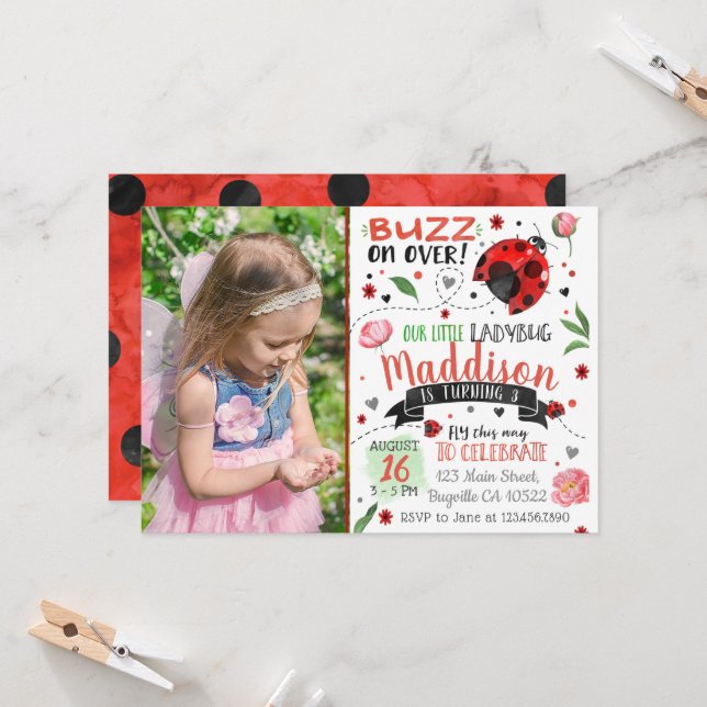 Watercolor Ladybug Birthday Invite with Photo (Front/Back In Situ)