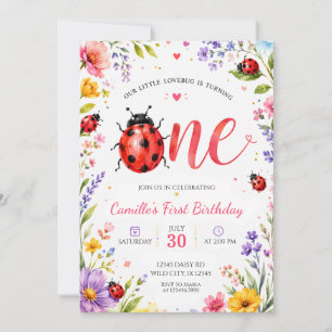Watercolor Ladybug Wildflower First Birthday Invitation