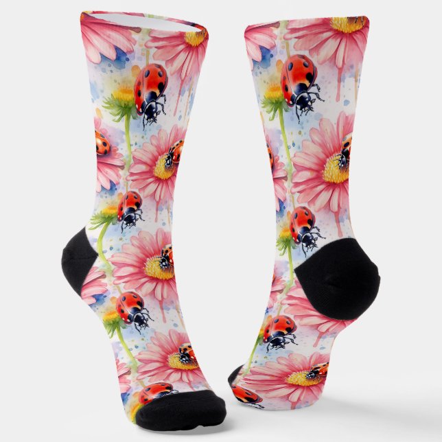 Watercolor Ladybugs on Flowers  Socks (Angled)
