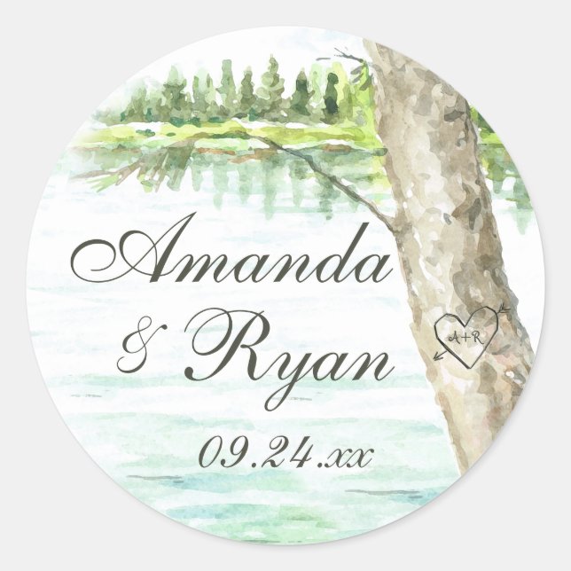 Watercolor Lake and Carve Tree Heart Classic Round Sticker (Front)