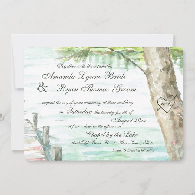 Watercolor Lake and Carved Tree Heart Invitation (Front)