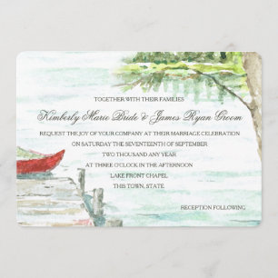 Watercolor Lake and Carved Tree Heart Invitation