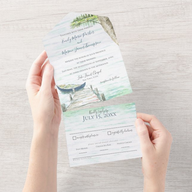 Watercolor Lake Blue Canoe Wedding All In One Invitation (Tearaway)