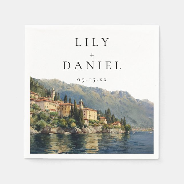 Watercolor Lake Como Italian Destination Wedding Napkin (Front)