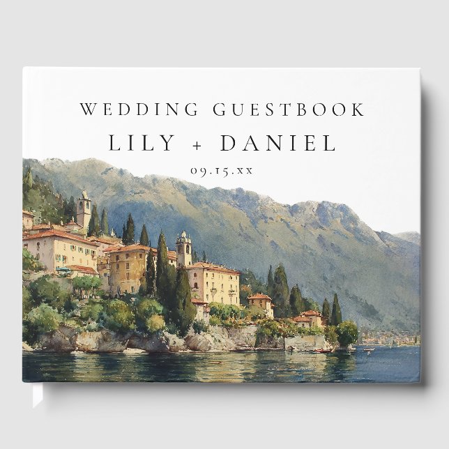 Watercolor Lake Como Italian Wedding Guest Book (Front)