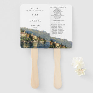 Watercolor Lake Como Italian Wedding Program Hand Fan