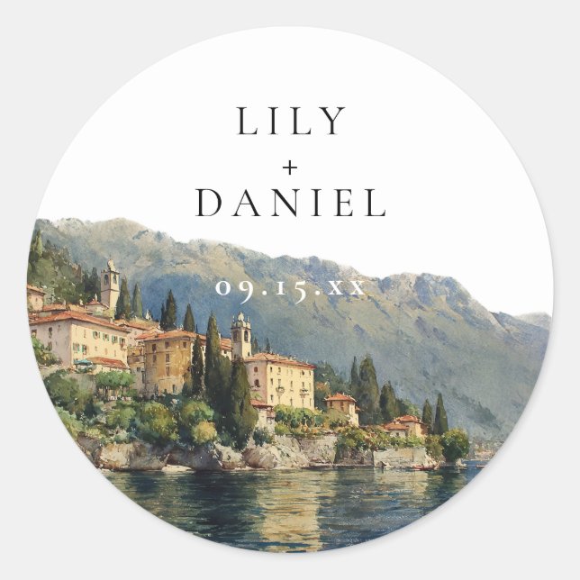 Watercolor Lake Como Italy Destination Wedding Classic Round Sticker (Front)