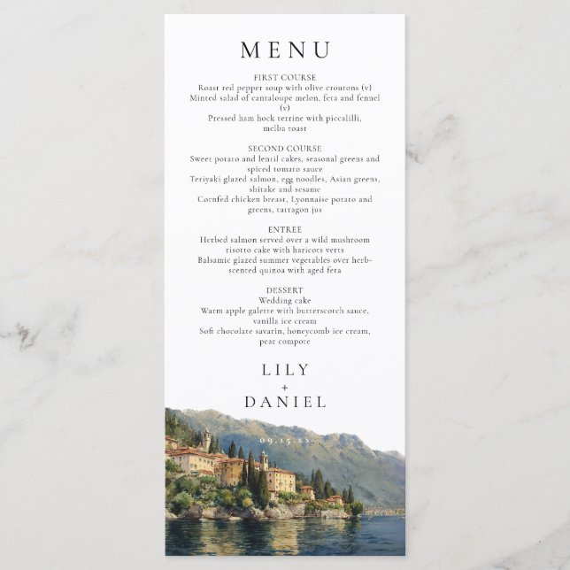 Watercolor Lake Como Italy Destination Wedding Menu (Front)