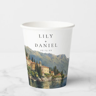 Watercolor Lake Como Italy Destination Wedding Paper Cups