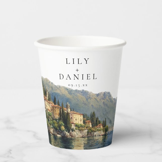 Watercolor Lake Como Italy Destination Wedding Paper Cups (Front)