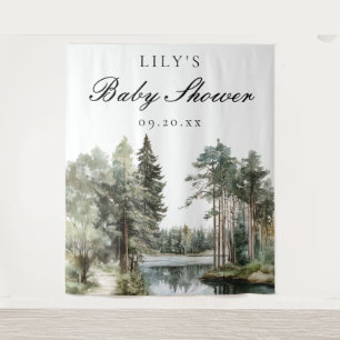Watercolor Lake Forest Baby Shower Photo Backdrop Tapestry
