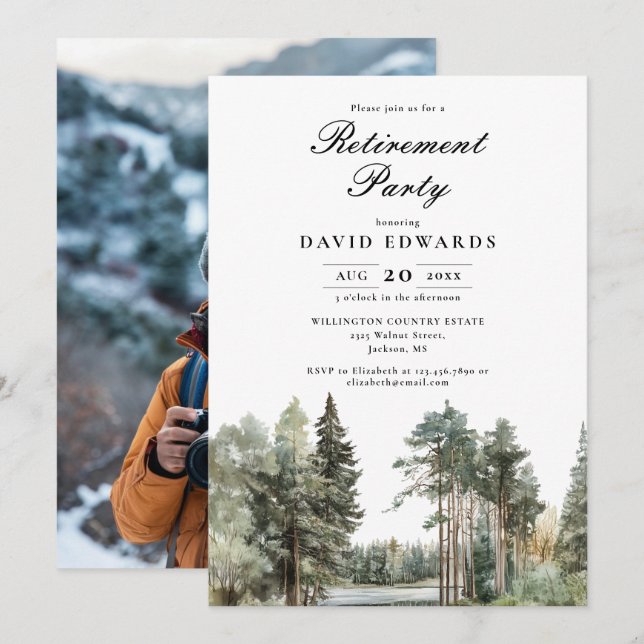 Watercolor Lake Forest Retirement Party Photo Invitation (Front/Back)