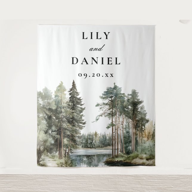 Watercolor Lake Forest Wedding Photo Backdrop Tapestry (Front)