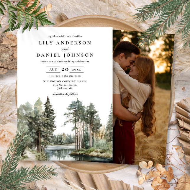Watercolor Lake Forest Woodland Photo Wedding Invitation (Watercolor Lake Forest Woodland Photo Wedding Invitation)