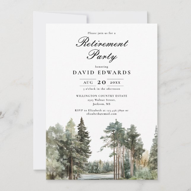 Watercolor Lake Forest Woodland Retirement Party Invitation (Front)