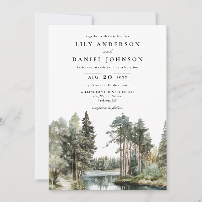Watercolor Lake Forest Woodland Wedding QR Code Invitation (Front)