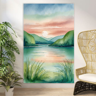 Watercolor Lake Landscape with Mountains & Sunset Poster