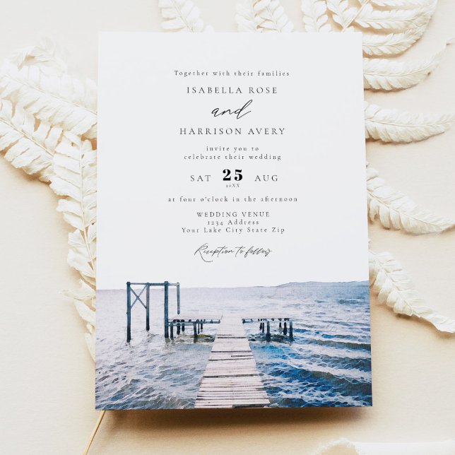 Watercolor Lake Pier Great Lakes Wedding Invitation (Creator Uploaded)