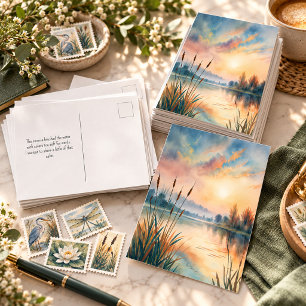 Watercolor Lake Sunrise Peaceful Postcard