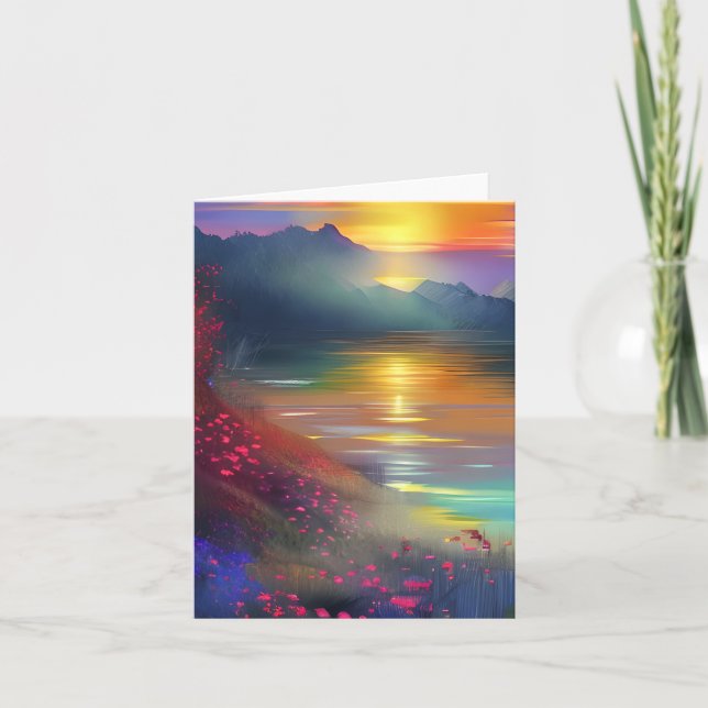 Watercolor lake sunset customisable card (Front)