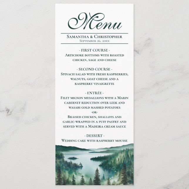 Watercolor Lake Tahoe Elegant Rustic Wedding Menu (Front)